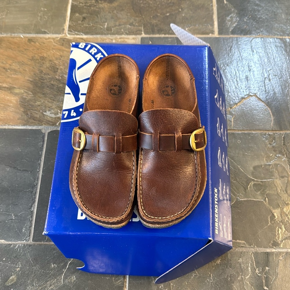 Birkenstock Brown Leather Slip-On Clog Mules with Gold Buckles